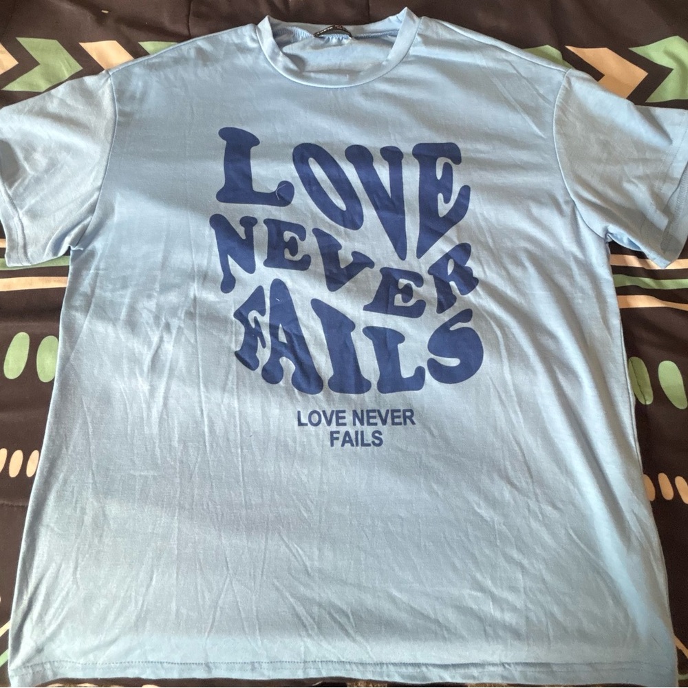 SHEIN Light Blue Graphic Tee - Love Never Fails